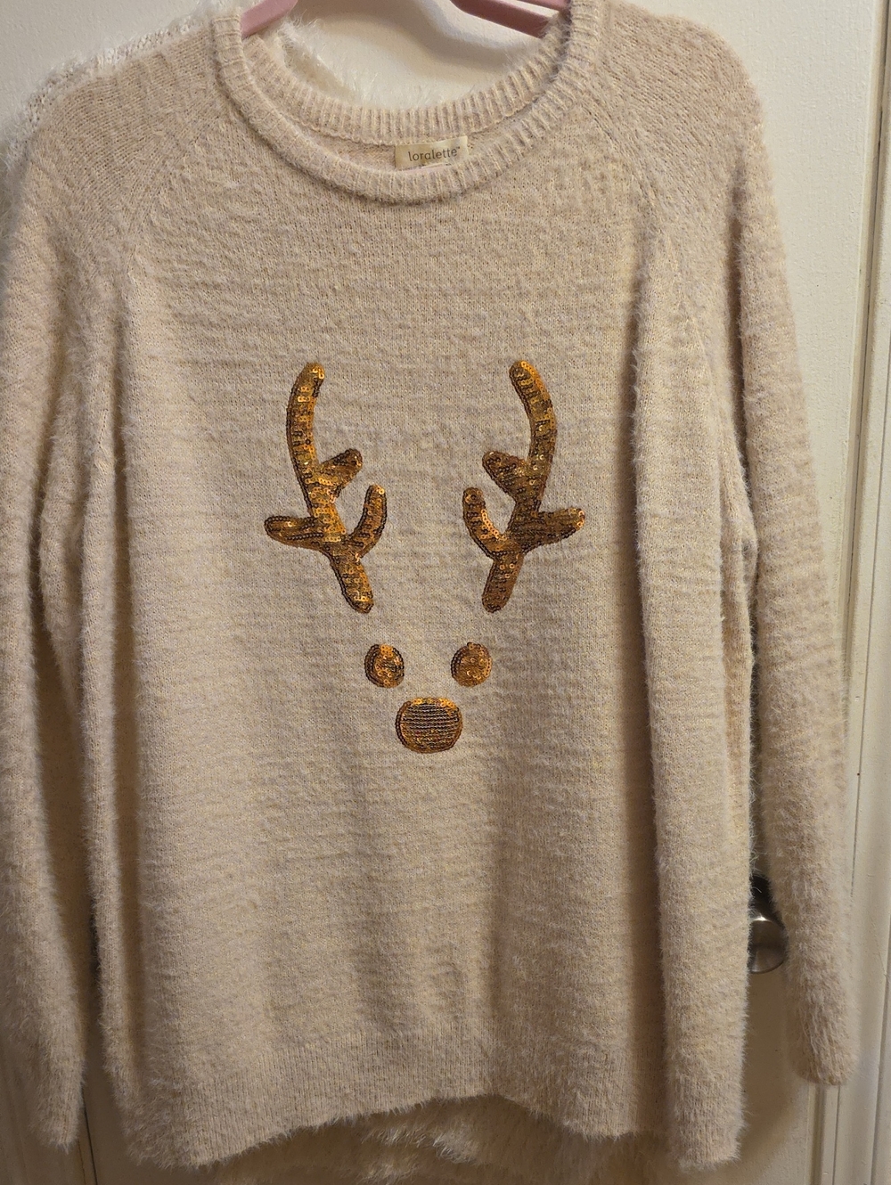 loralette Cream Crewneck Sweater with Gold Sequin Reindeer